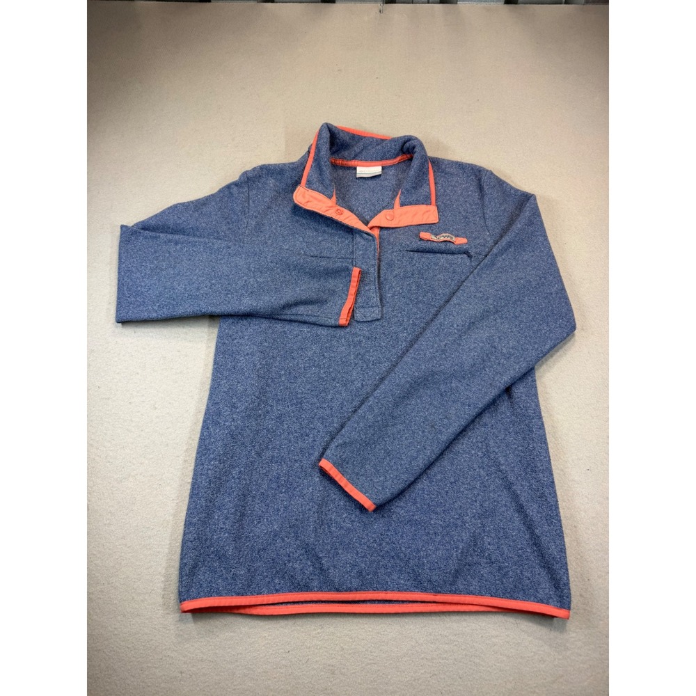 Columbia PFG Fleece Pullover Womens Medium Blue Coral Snap Neck Fishing Sweater